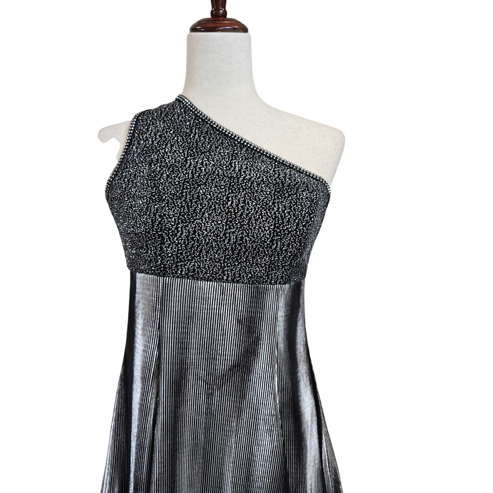 Vintage Rivar's 3/4 One Shoulder Silver Metallic Pleated Gown Formal Prom Dress - Picture 9 of 12